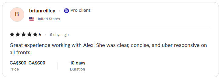 Alex R. Resume Writing Service Review A testimonial screenshot of Alex R. on pro.fiverr.com
